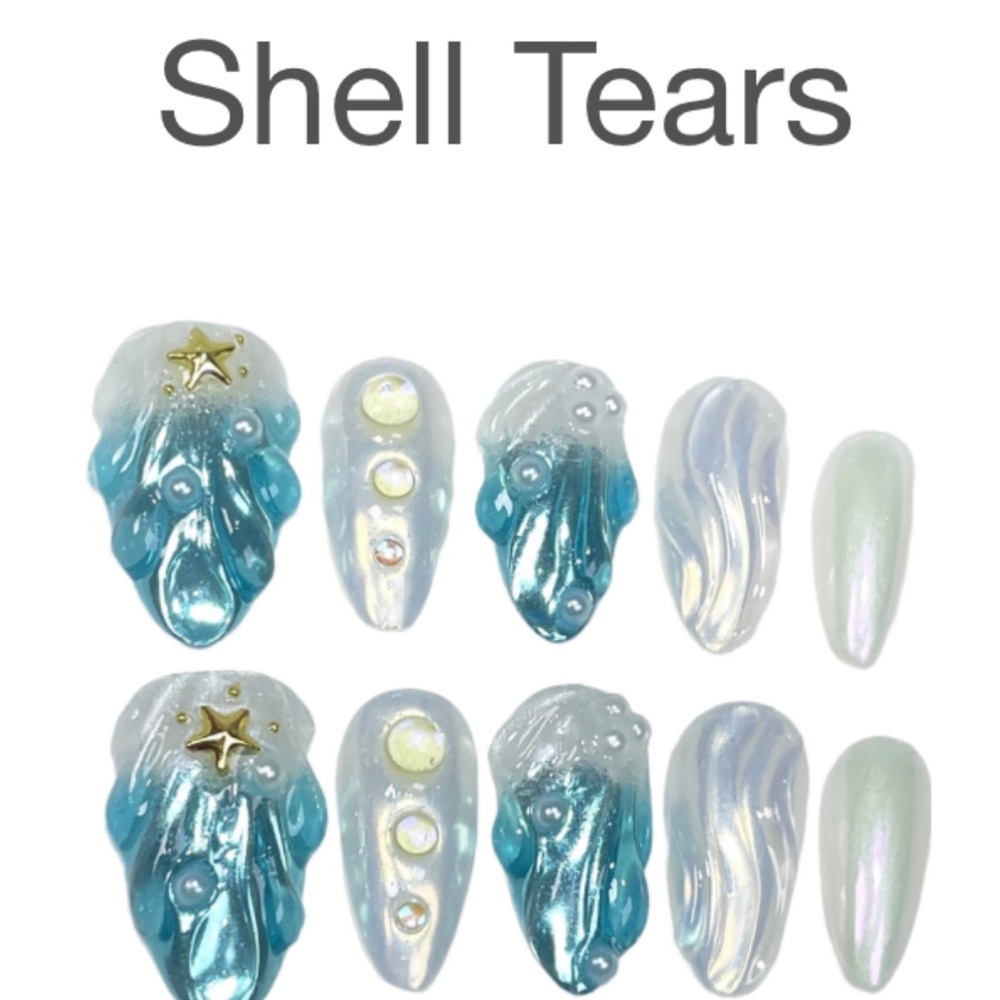 Shell Tears Blue and Gold Nail Set